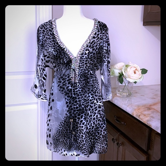 MERCEDES RIVERA Dresses & Skirts - MERCEDES RIVERA SILK CRYSTAL LEOPARD PRINT ONE-OF-A-KIND  EMBELLISH DRESS
